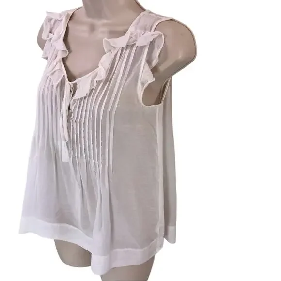 Theory White Bohemian Style Babydoll Top Pin-tuck Pleating Sleeveless Ruffled - Picture 3 of 15